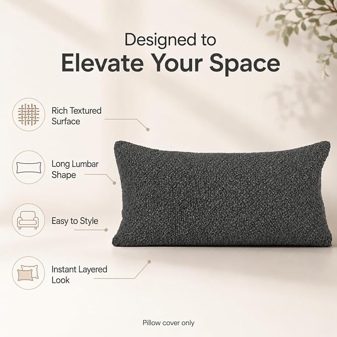 JoraLion 16x24 inch Boucle Lumbar Pillow Cover, Dark Grey Woven Texture Neutral Long Pillow Cover Breathable Cushion Case for Couch Sofa Bed Living Room Home Decor (Cover Only)