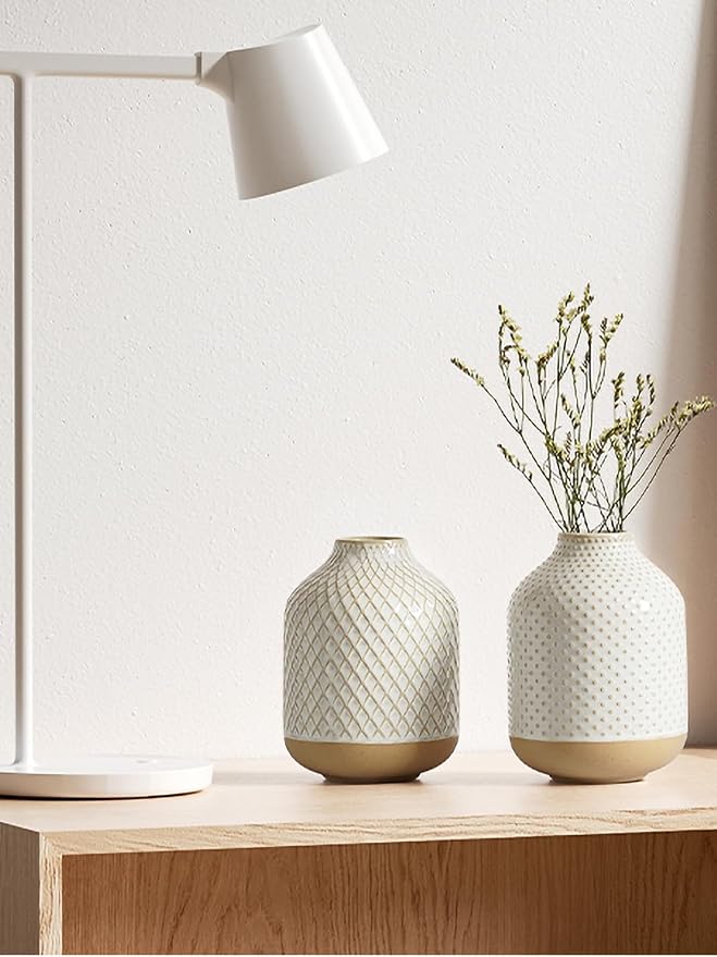 Boho Flower Vase - 5.3 Inch Ceramic White Vase for Pampas Grass, Eucalyptus & Bouquets, Small Home Decor Vases with Dot Embossment, Rustic Farmhouse Centerpiece