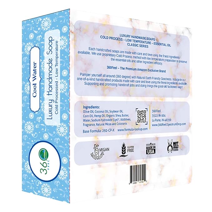 360Feel Cool Water Soap - Handcrafted Castile Natural Soap Bar with Soothing Scent - Handmade with Essential Oils - Ideal Gift for Anniversaries, Weddings & Holiday Stockings - Rich Lather - 4-Pack