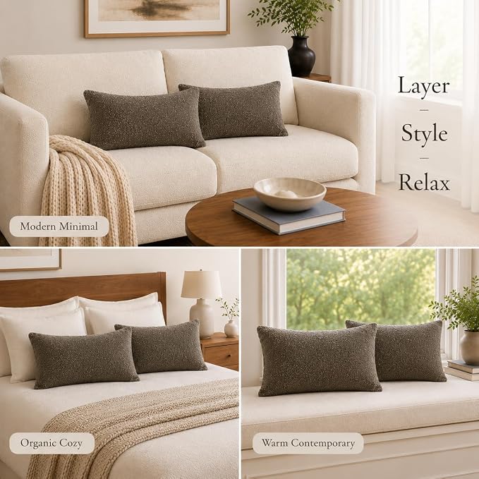 JoraLion 12x20 inch Boucle Throw Pillow Covers, Brown Woven Texture Neutral Pillow Cover Breathable Cushion Case for Couch Sofa Bed Living Room Home Decor, Pack of 2, No Insert