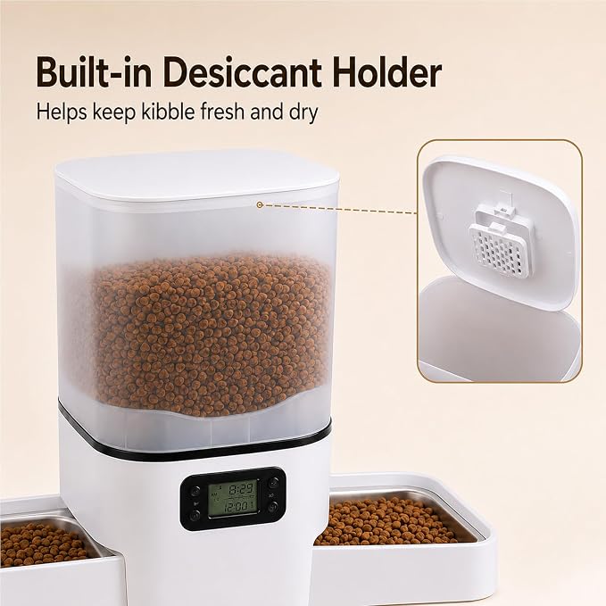 Automatic Cat Feeder for 2 Cats & Small Dog, 6L Large Capacity for Dry Food | Timed Cat Food Dispenser with 2 Stainless Steel Bowl, Dual Power Supply, Detachable & Dishwasher Safe, LED Display Screen