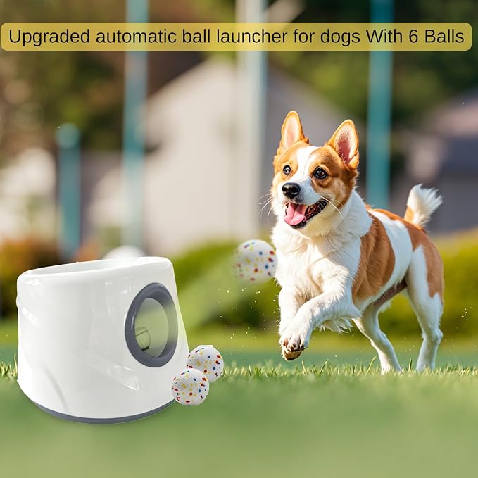 Automatic Ball Launcher for Dogs ，The Upgraded Premium Ball Thrower Adjustable Distance 20-45ft Including 6 PCS 2.3-inch Sized ETPU Balls, Interactive Dog Toys Suitable for Small to Medium Sized Dogs