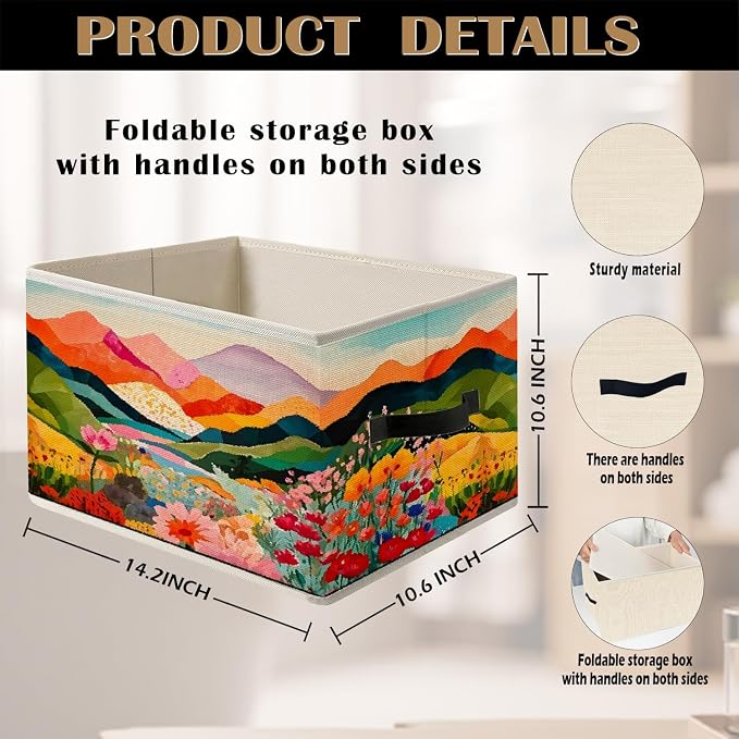 Abstract Maximalist Floral Mountain Storage Bin Box with Handles, Modern Vibrant Wildflower Foldable Organizer Basket Toybox for Girls Room Bedroom Bathroom Clothes Toys Books