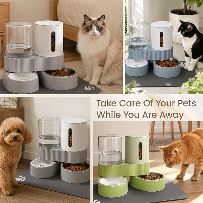 Gravity Cat Feeder and Water Dispenser 2 Pack Automatic Stainless Steel Feeder Bowls with Silicone Mat and Brush Set, Dry Food and Water Dispenser for Cats Small Medium Dogs(Blue)