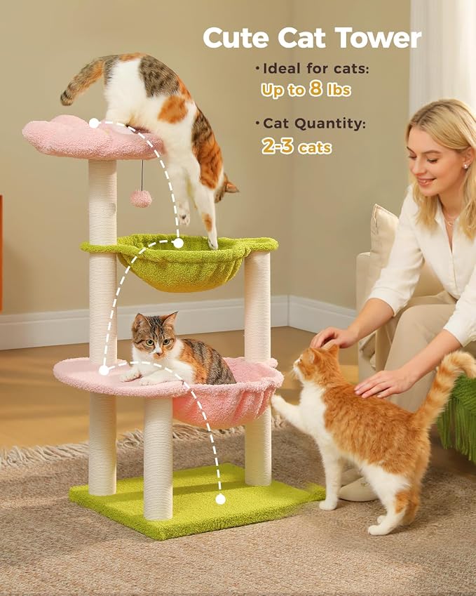 37.4" Flower Cat Tree with 2 Hammocks & 6 Sisal Posts, Pink | Flower top perch, 2 spacious hammocks, 6 sisal posts, Cute small tower, For indoor kittens, Sturdy build