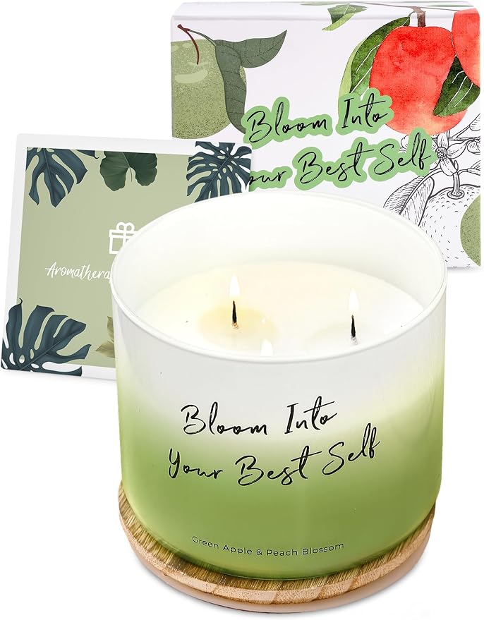 Green Apple Peach Blossom Scented Soy Candle | Large 3 Wick Candle for Home, 15.8 oz | Fresh Fruity Aromatherapy Candle | Birthday, Graduation & Self-Care Gifts for Women | Candles for Women & Men
