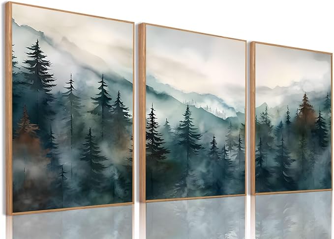 Pine Forest Mountain Framed Canvas Wall Art Set of 3, 16x24 inch | Boho Nature Wall Decor, Pine Forest Mountain Landscape Prints, Living Room Bedroom Office Art