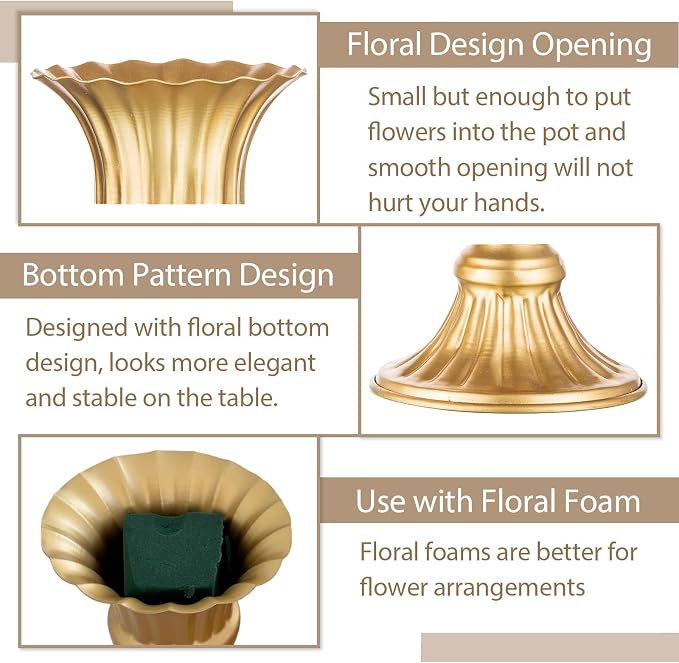 Sziqiqi Gold Metal Vase for Centerpiece, Table Flower Arrangements, 2Pcs | 9in Tall Compote Vase, Trumpet Urn Vase for Decoration, Planter Pot for Artificial Flower, For Reception, Home, Party Decor