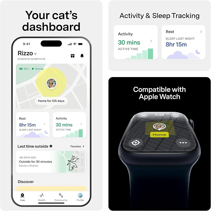 Fi Mini Attachable GPS + Activity Tracker for Cats, 6-Month Membership | Smart GPS collar attachment with virtual fences, escape alerts, health and step tracking. Lightweight and waterproof.