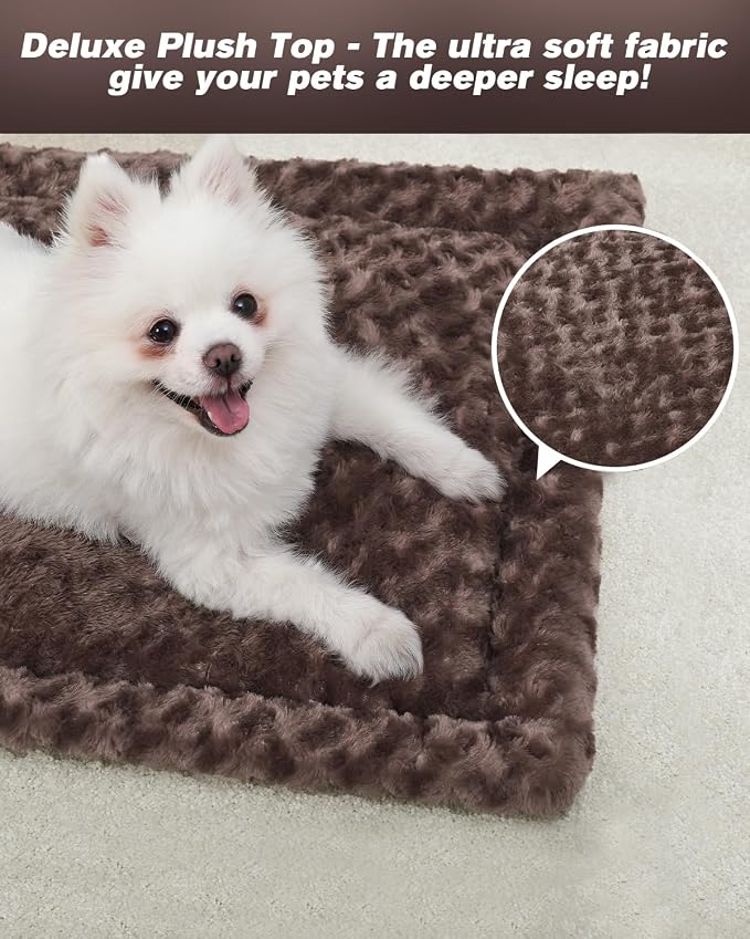 Exsnugy Washable Dog Bed Mat Medium Size Fluffy Pet Crate Pad 30x19 | Non-Slip Bottom Kennel Beds Ultra Soft Comfy Sleeping Mattress for Large Medium Small Dogs Brown