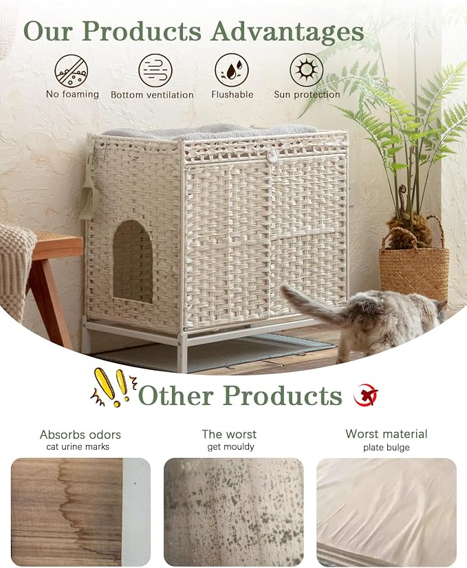 SETVSON Cat Litter Box Enclosure Furniture, Hidden PE Rattan House, White | Handwoven PE Rattan with Dual-Layer Mat, Heightened Metal Feet, 2 S-Hooks, 30.3x18.3x28 Inches Spacious Privacy & Dog Proof