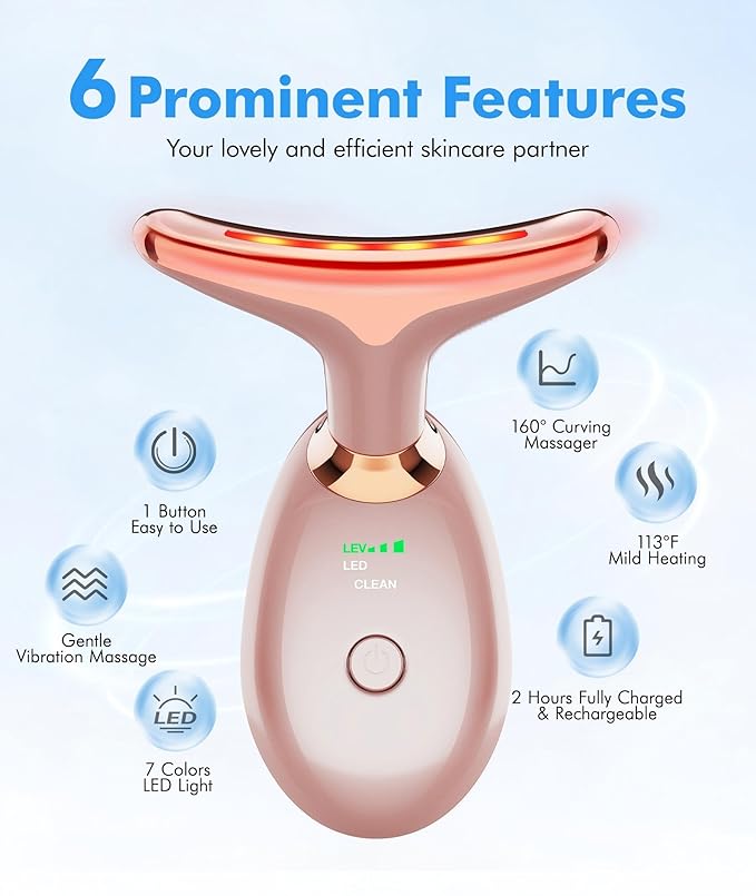 SDKWDH Red Light Therapy for Face and Neck, 7 Color Face Massager Tool for Wrinkles, Double Chin, Vibrating Facial Massager with Thermals for Skin Care, Rose Gold