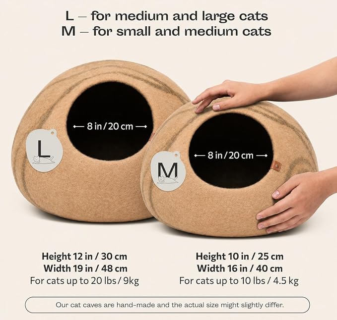 Cat Cave - Merino Wool Bed for Indoor Cats (Beige, Medium) | Cat Bed Enclosure, Premium Felt, Handmade, Super Soft, Lightweight, Breathable, Adjustable Shape