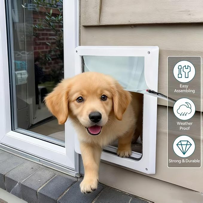 PAWISE 2 Way Dog Door, Lockable Doggy Door with Safe Metal Panel & Flexible Transparent Flap, Weatherproof & Easy Install Pet Door for Dogs and Cats, Quiet Design Dog Flap (9.8"x11.4")