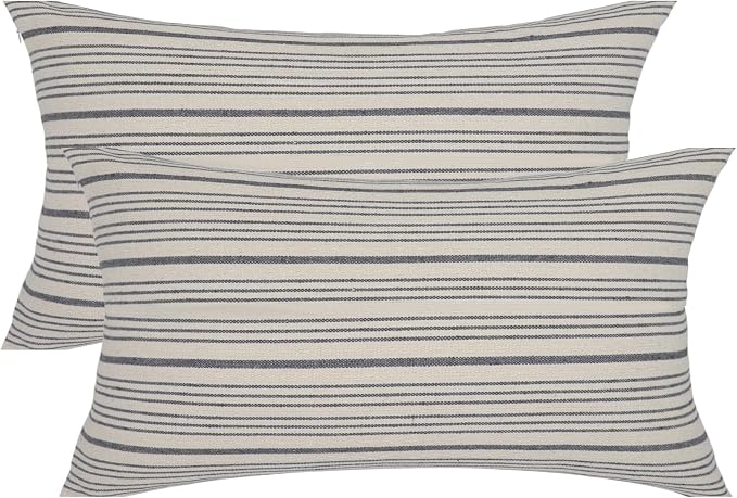 Gray Striped Outdoor Decorative Couch Throw Pillow Covers 12x20 | Pack of 2 Lumbar 12x20 in Farmhouse Throw Pillows for Couch Sofa Bed Grey and Cream