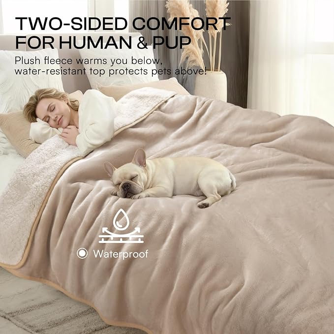 Luciphia Waterproof Blanket for Large Dog, Reversible Sherpa Couch Cover | waterproof pet blanket sherpa fleece reversible couch cover bed protector car from spills scratches, Khaki+Beige 65" x 57"