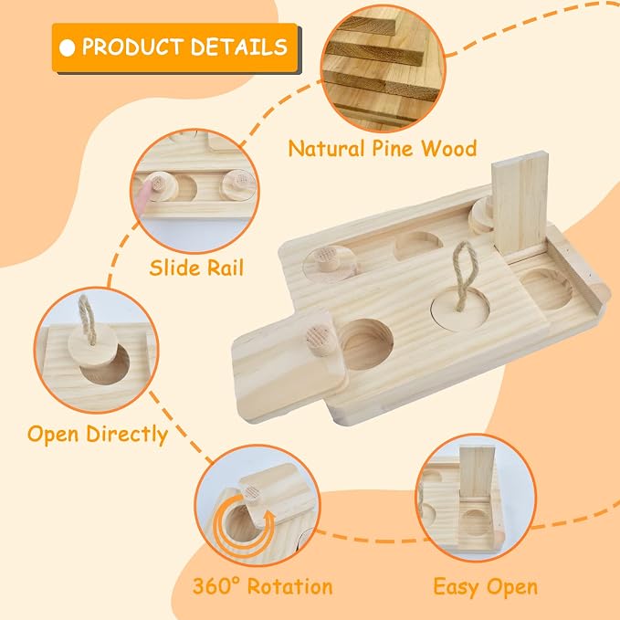 Wooden Rat Foraging Toy 7"x 5.1" Boredom Breaker Rabbit Enrichment Toys Interactive Treat Dispenser for Guinea Pig,Rabbit,Bunny,Hamster,Hedgehog, Chinchilla, Mouse,Rats,Sugar Gilders