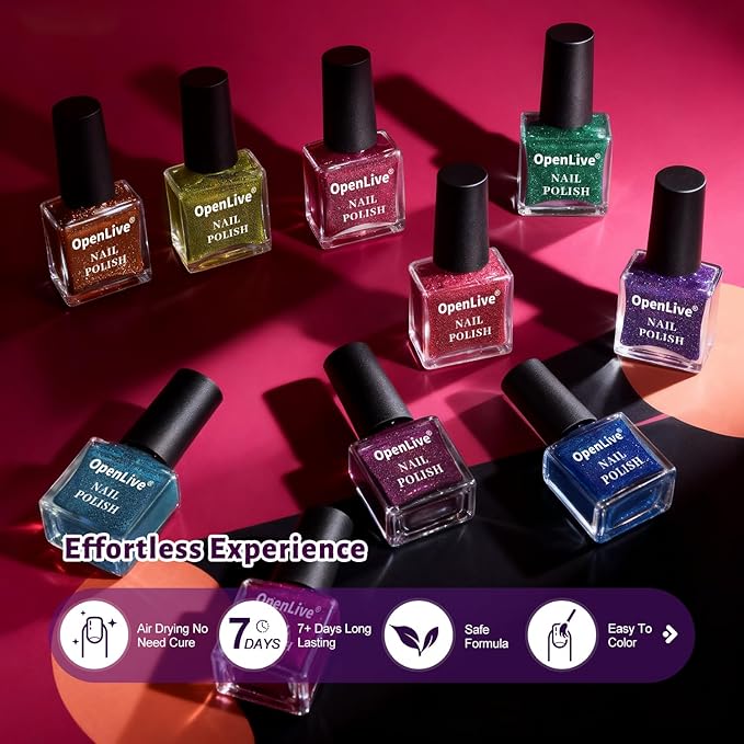 Reflective Nail Polish 12 Colors With Base Coat and Top Coat Glitter Red Bule Purple Green Nail Polish Set Quick Dry Sparkle Winter Manicure Long Lasting for Holiday Gift Giving 5ML