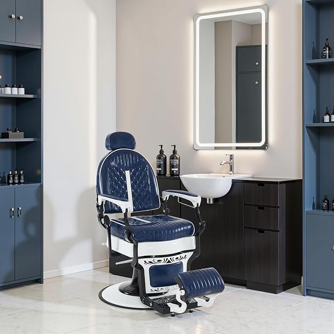 BarberPub Heavy Duty Metal Vintage Barber Chair All Purpose Professional Hydraulic Reclining Salon Beauty Spa Chair Styling Equipment 8730 (Blue)