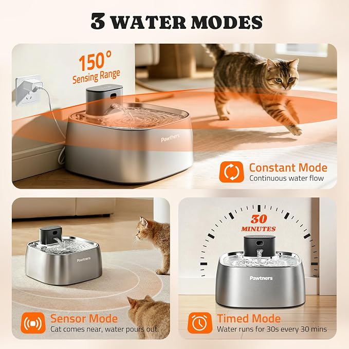 Pawtners Pumpless Cat Water Fountain Stainless Steel 108oz/3.2L, 3 Modes | Automatic Cordless Pet Water Dispenser,Easy Clean,Silent Smart Host,150°Sensor,Motion/Timed/Continuous Mode