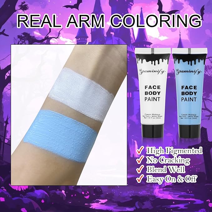 White Light Blue Face Body Paint 1.01oz/pc with 2 Sponges,Water Based Baby Blue Face Paint Kit for Corpse Bride Cosplay Sally Avatar Makeup,Halloween SFX Makeup Cream Face Painting,2.02 oz