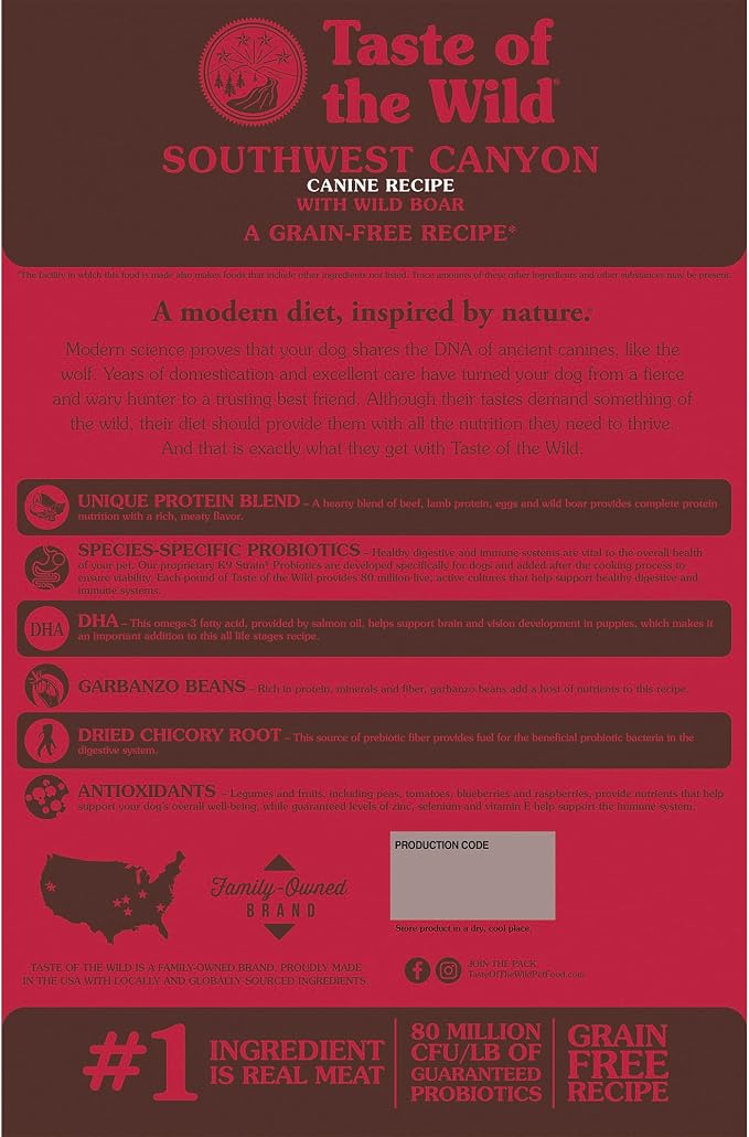 Taste of the Wild Southwest Canyon Dry Dog Food, Wild Boar, 14lb | Puppy, Adult & Senior Dogs |Grain Free Recipe* |Nutrient Dense to Help Support Peak Health |Probiotics for Digestive Support