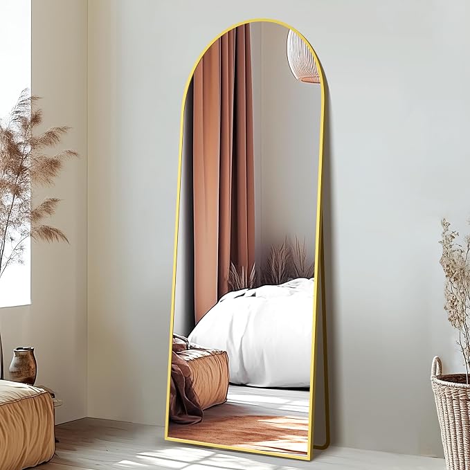 Full Length Mirror, Large Floor Mirror for Wall, Bedroom, Bathroom, Living Room with Aluminium Frame (Stand, Arch 56x15-Gold) | Aluminium alloy frame with HD float glass for distortion-free reflection. Free standing or wall mounted.