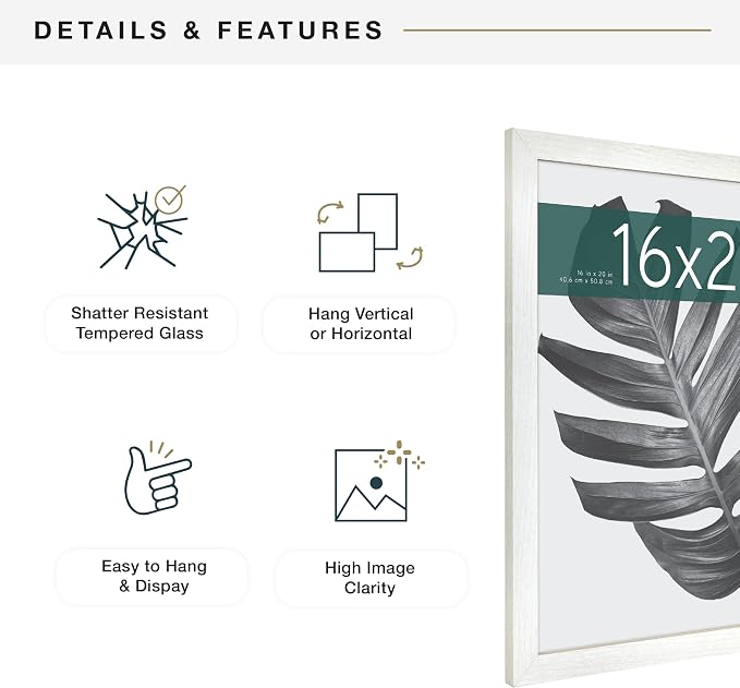 MCS Studio Gallery 16x20 Poster Frame White Woodgrain Engineered Wood, Vertical & Horizontal Wall Hanging Large Picture Frame for Photos, Posters & Art Prints (1-Pack)