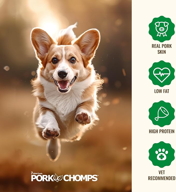 Pork Chomps Dog Chews, 5 in Munchy Sticks, Assorted Flavors, 50 Count | Oven-baked from real pork skin - a rawhide-free chew that's low in fat, high in protein, and easy to digest