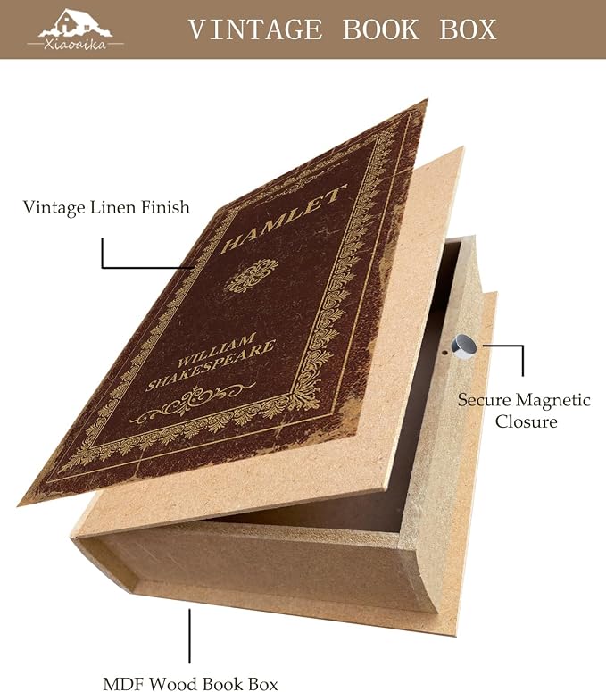 Vintage Faux Leather Decorative Book Box – Wooden Secret Storage Box with Magnetic Closure, Hidden Organizer for Bookshelf, Desk, or Office Decor (Hamlet)