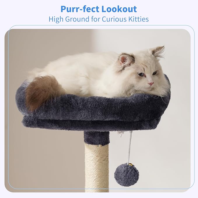 Heybly Cat Tree with Toy, 49.2 inch Cat Tower for Indoor Cats HCT200SG | Spacious Cat House Condo with Hidden Space，Soft Plush Top Perch，Cozy Hammock and Sisal Scratching Posts, Smoky Gray