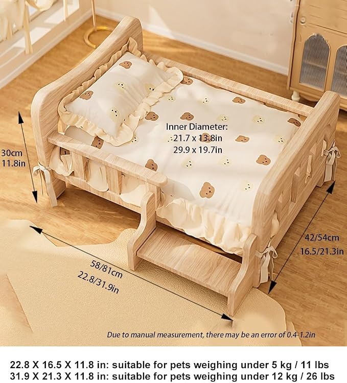 Wood Dog Bed, Floor Standing Pet Furniture with Winter Bedding and Stairs, Comfortable Resting Solution for Pets, Easy Assembly(22.8 X 16.5 X 11.8IN)