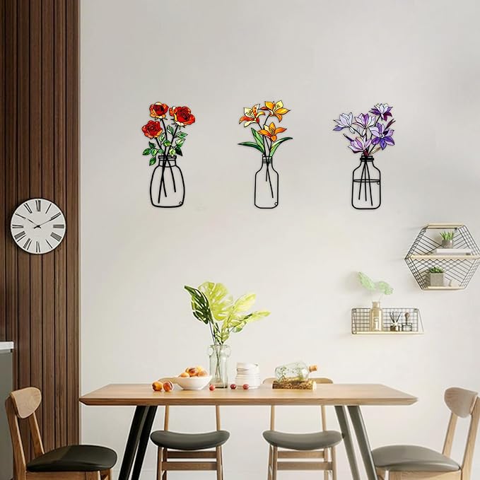 3 Pcs Metal Flowers Wall Arts,Metal Vase Wall Art,Iron Art Painting,Rustic Farmhouse Decor Minimalist Flower Wall Decor for Bedroom Bathroom Living Room Dining Room (Set E)