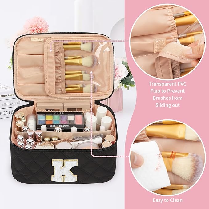 OCHEAL Makeup Bag Valentines Day Gifts for Women, Monogram Cosmetic Bag Black Travel Makeup Case Beauty Toiletry Bag Organizer Personalized Gifts for Girls Bridesmaid, Sister, Wife, Friends Initial K