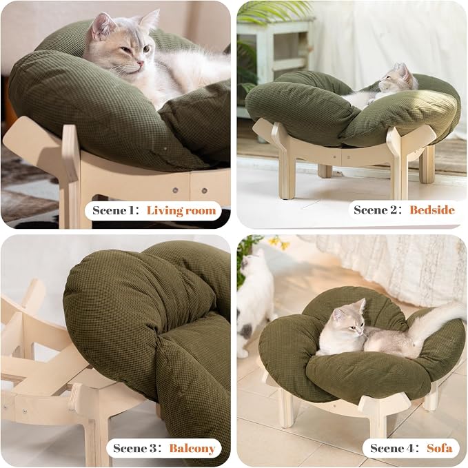 Elevated Cat Bed for Indoor Cats Couch Sofa Flower | Pet Beds with Soft Washable Cushion, Stable Wooden Frame, Raised Cat Hammock & Furniture for Kitty & Puppy All-Season(Green)
