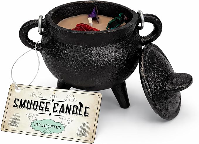 Reusable 4-Inch Cast Iron Cauldron Candle with Lid and Hanging Handle | Ritual & Aromatherapy Candle for Spell Casting, Smudging, Home Cleansing | Herb-Infused with Essential Oils (Eucalyptus)