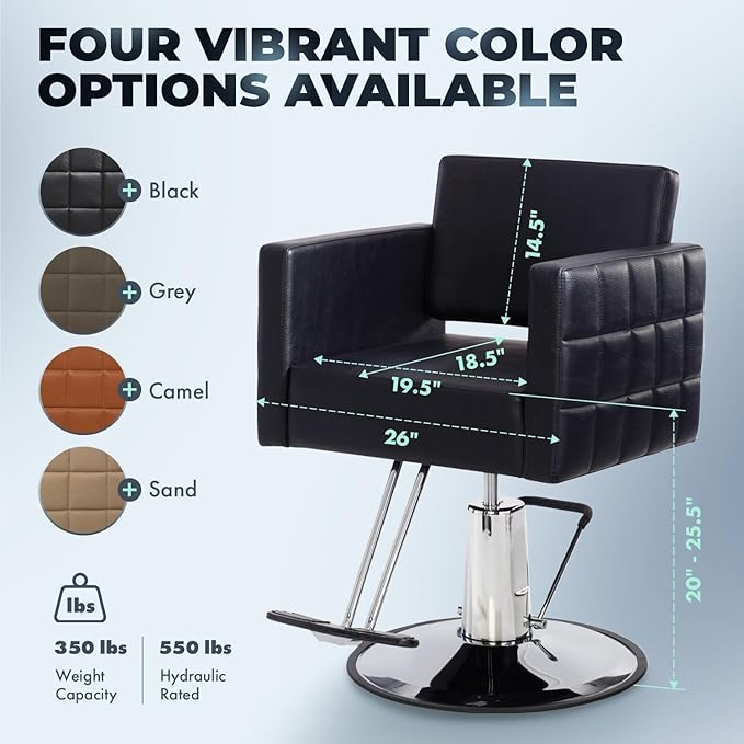 Buy-Rite Icon Styling Chair for Professional Salons & Barbershops, Modern Black Salon Seat, Wide Quilted Design, Steel Frame, Hydraulic Pump, Easy-Clean Features, YLG-192-BLK