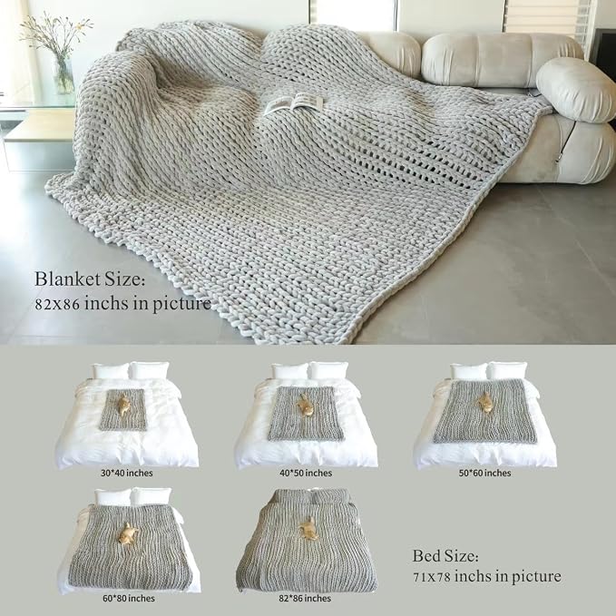 Maetoow Chenille Chunky Knit Blanket,Handmade Cozy for Home Decor,82×86,Cream