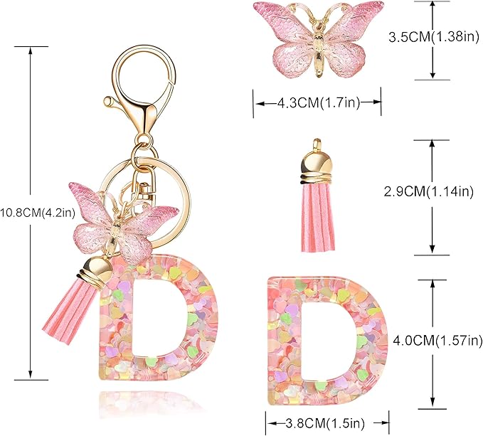 Fashion Alphabet Initial Letter Keychain Tassel Butterfly Pendant Key Ring for Purse Handbags Women Girl