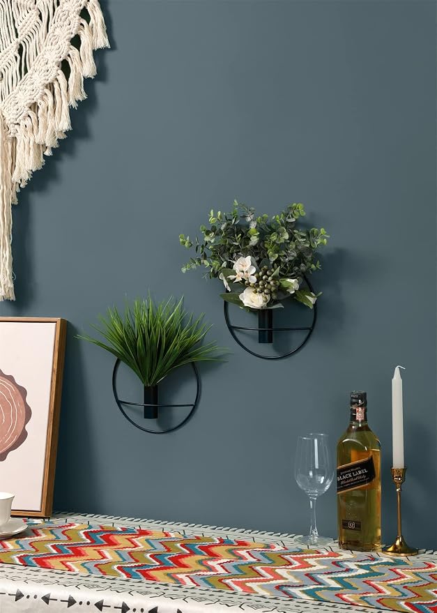 Pretty Jolly Boho Pampas Wall Decor Black Metal Wall-Mounted Art | Morden Artificial Greenery Display，2 Pack Eucalyptus Hanging Planter For Living Room, Bedroom, Bathroom, Dining room