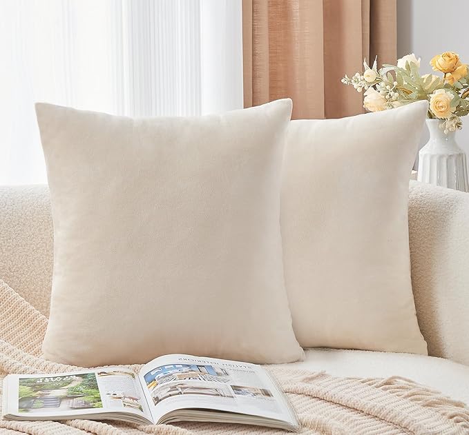 Throw Pillow Covers Neutral Beige Set of 2 16x16 Inch Pillow Covers, Soft Velvet Farmhouse Decorative Pillowcases for Couch Sofa Bed, Home Boho Decor, Modern Cushion Covers