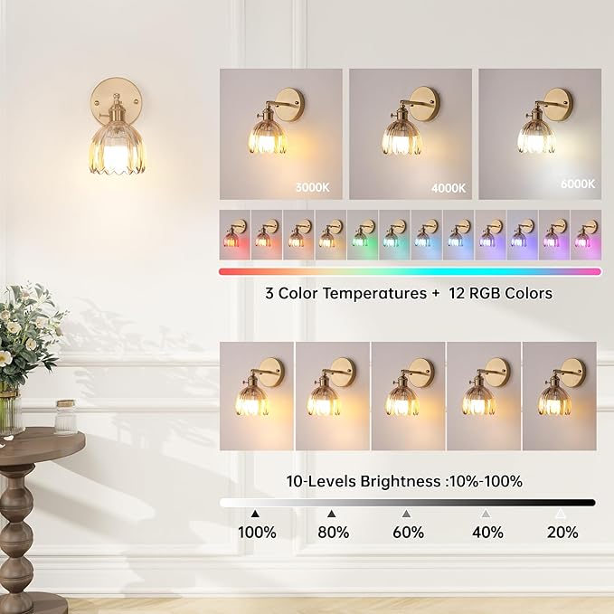 Shenmoyl Vintage Battery Operated Wall Sconce with Amber Tulip Glass Lampshade 5000 mAh Rechargeable Battery Powered Wall Light with Remote Control for Bedside Bedroom Doorway, Set of 2