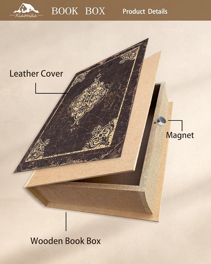 Wooden Book Box Set of 3 with Magnetic Closure and Vintage Leather Cover Design, Non-Woven Fabric Interior, Decorative Secret Storage for Bookshelves and Home Office