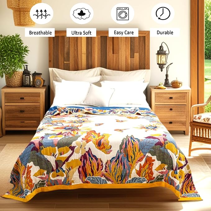 VANJOROY Boho Large Throw Blanket, 100% Organic Cotton Breathable Soft Bed King Throw - Fall Floral Bird Butterfly Farmhouse Decor Blanket for Sofa Couch Chair and Gift. 91" x 98"