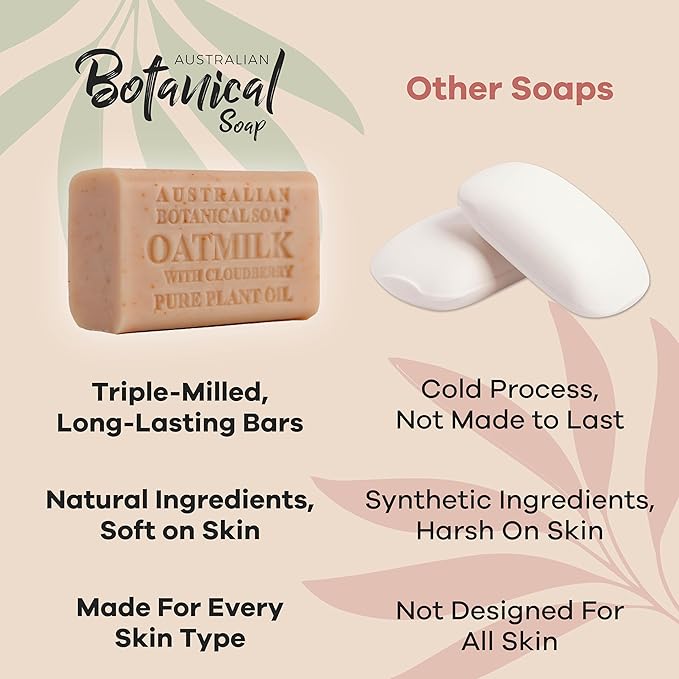 Australian Botanical Soap Oat Milk with Cloudberry 6.6 oz Luxury Soap Bars Enriched with Shea Butter, Suitable for Men, Women and All Skin Types, Pack of 4