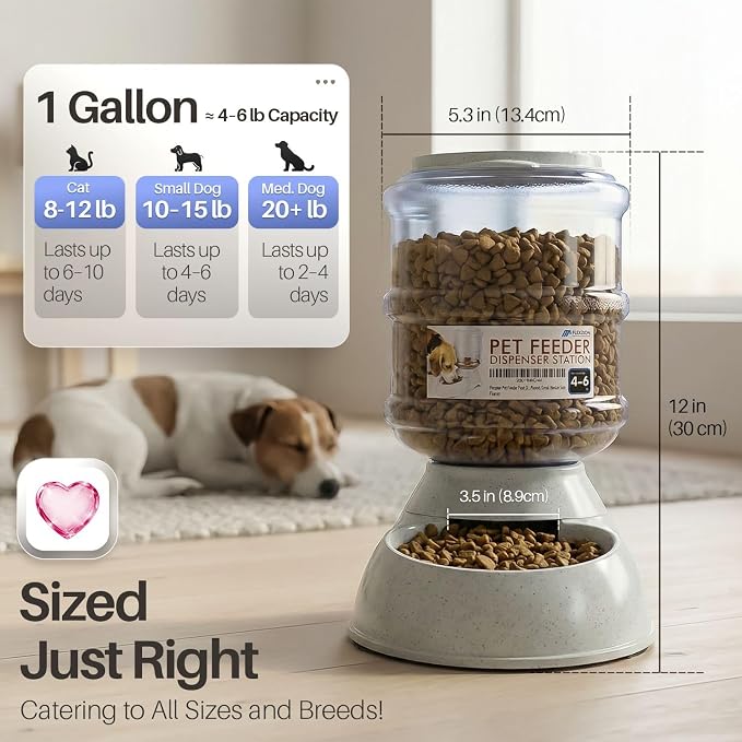 Flexzion Gravity Pet Feeder, Dog and Cat Food Dispenser, 1-Gallon Capacity | Self-Replenishing Dry Food Station with Non-Skid Feet and a Carry Handle; Holds Approximately 4-6 Lb Of Kibble