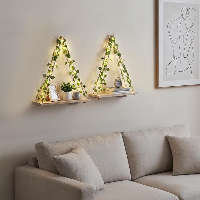 RICHER HOUSE Hanging Floating Shelves No Drill, Macrame Plant Wall Shelf | Boho Trinket Shelf with Artificial Ivy and LED Lights, Cute Wall Art Aesthetic Decor, for Bedroom, Dorm, Two-Way Install