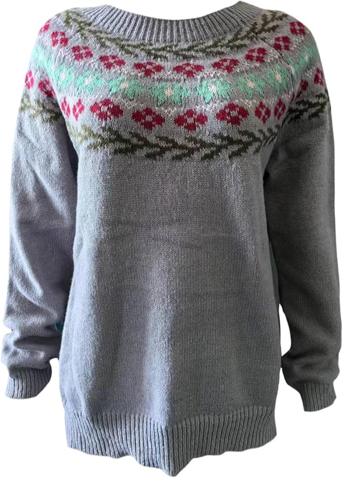 Zhyaj Fair Isle Sweater for Womens Winter Long Sleeve Vintage Knitted Sweater Casual Fall Crew Neck Pullover Sweaters