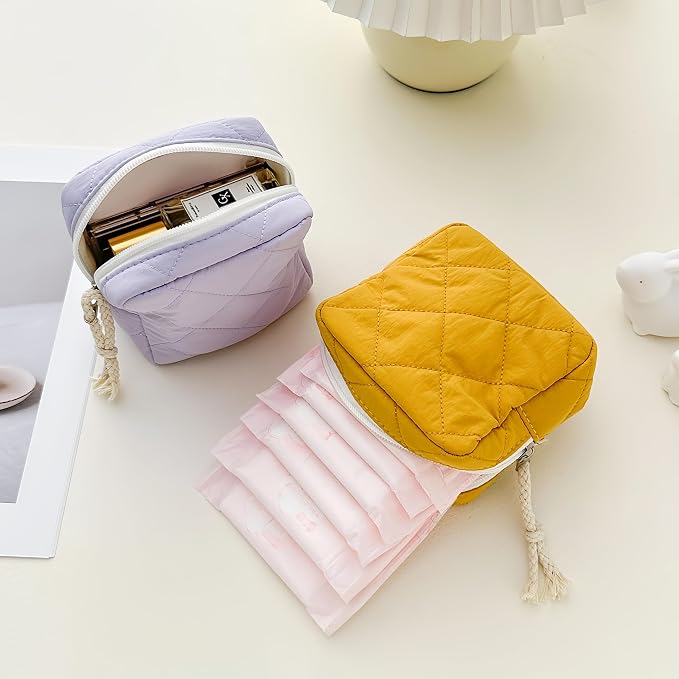 Small Makeup Bag | Discreet Period Bag Pad Pouch for Purse| Sanitary Napkin Storage & Tampon Holder for Travel (Quilted light purple)