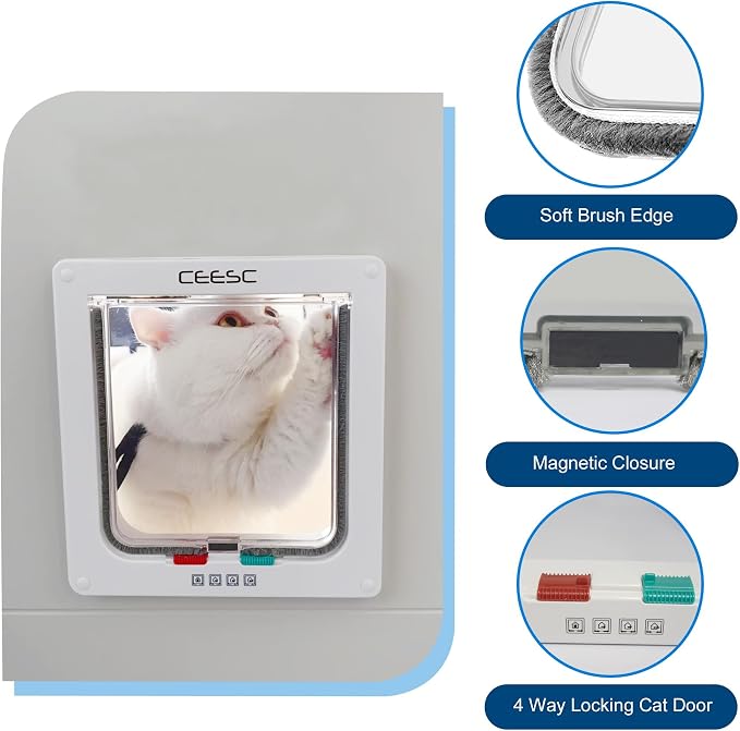 CEESC Cat Flap Door Magnetic Pet Door with 4 Way Lock for Cats, Kitties and Kittens, 3 Sizes and 2 Colors Options (M- Inner Size: 6.18"(W) x 6.30"(H), White)